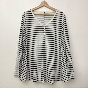 White and Black Striped V-Neck Long Sleeve T-Shirt